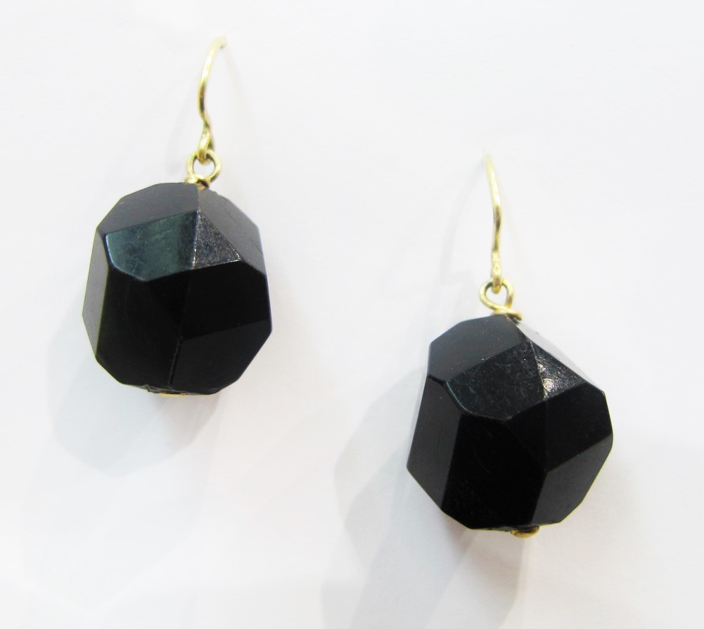 Antique jet beads on 14k yellow gold hooks. Available for sale at Gray & Davis. 