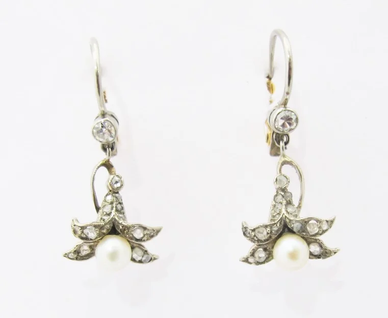 18k yellow gold, platinum, pearl and diamond blossom earrings, c. 1910.