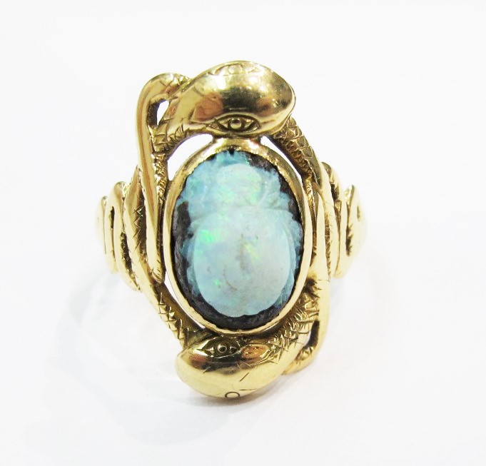 Ring. 14k yellow gold, boulder opal carved as scarab. Art Nouveau c.1900. Currently available at Gray & Davis.