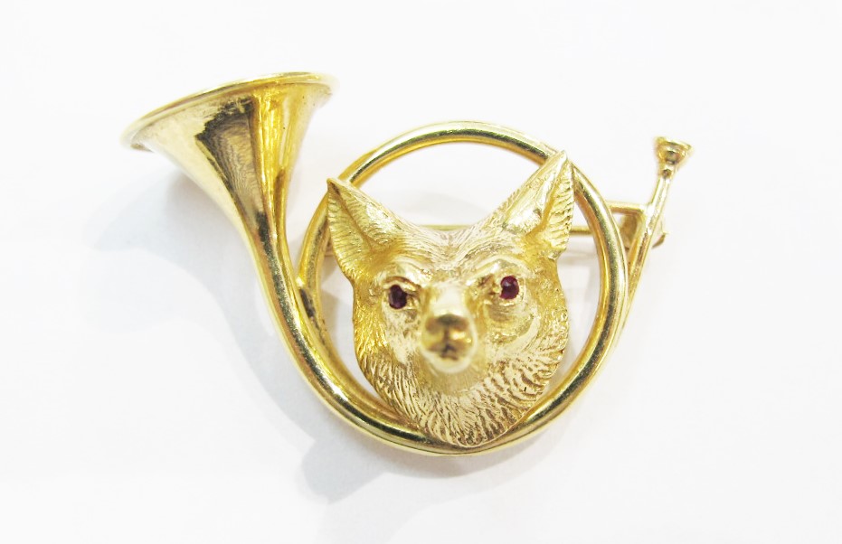 Brooch. 14k yellow, ruby. Currently available at Gray & Davis. 