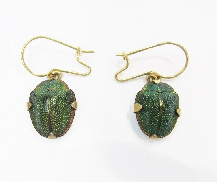 Earrings. 14k yellow gold, Brazilian tortoise beetles. Mid-19th century. Currently available at Gray & Davis.