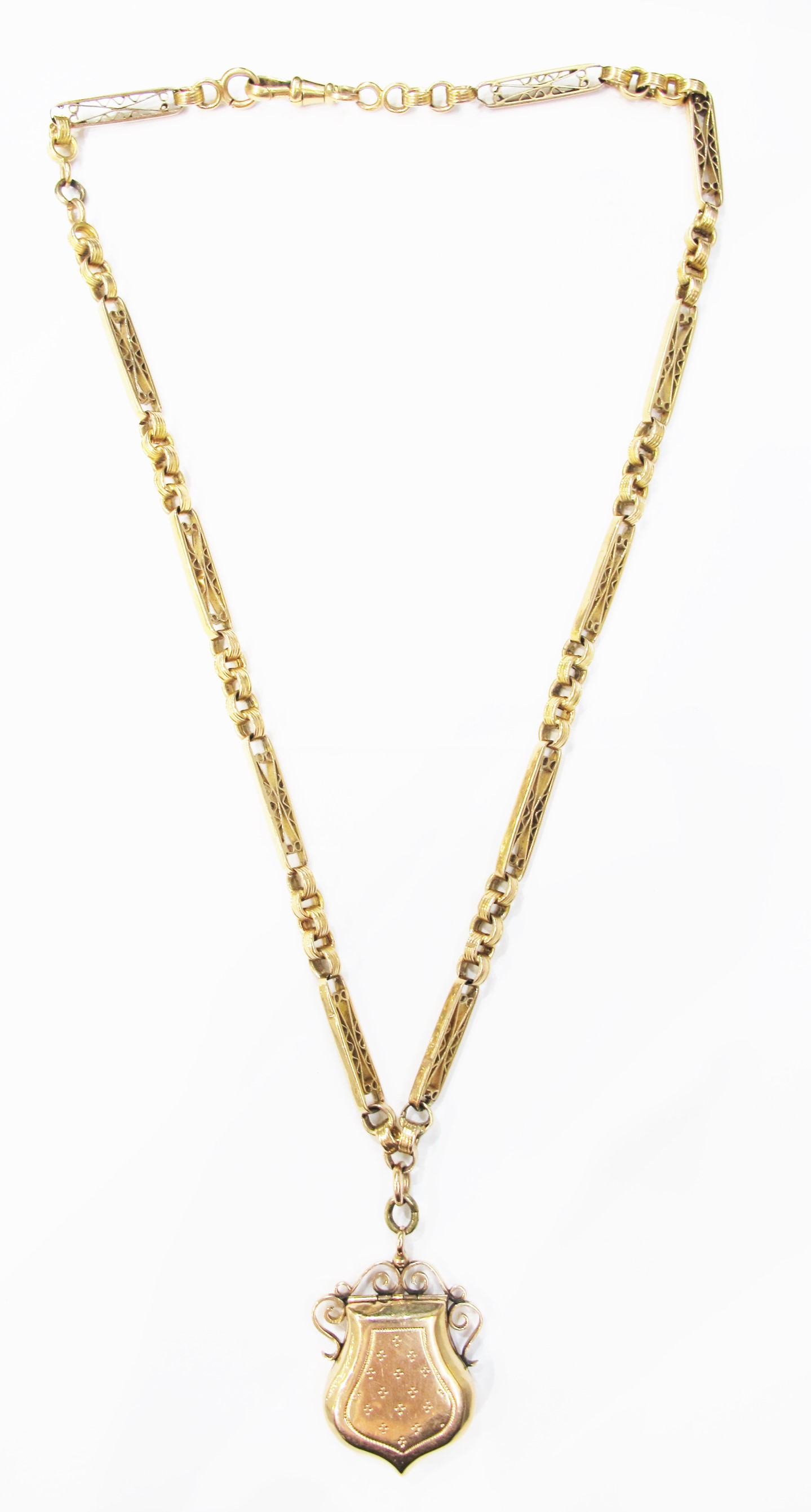 18k rose gold locket and watch chain. European, c. 1850. 