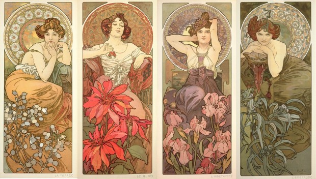The Precious Stones : Topaz, Ruby, Amethyst & Emerald. By Alphonse Mucha, 1900. 
