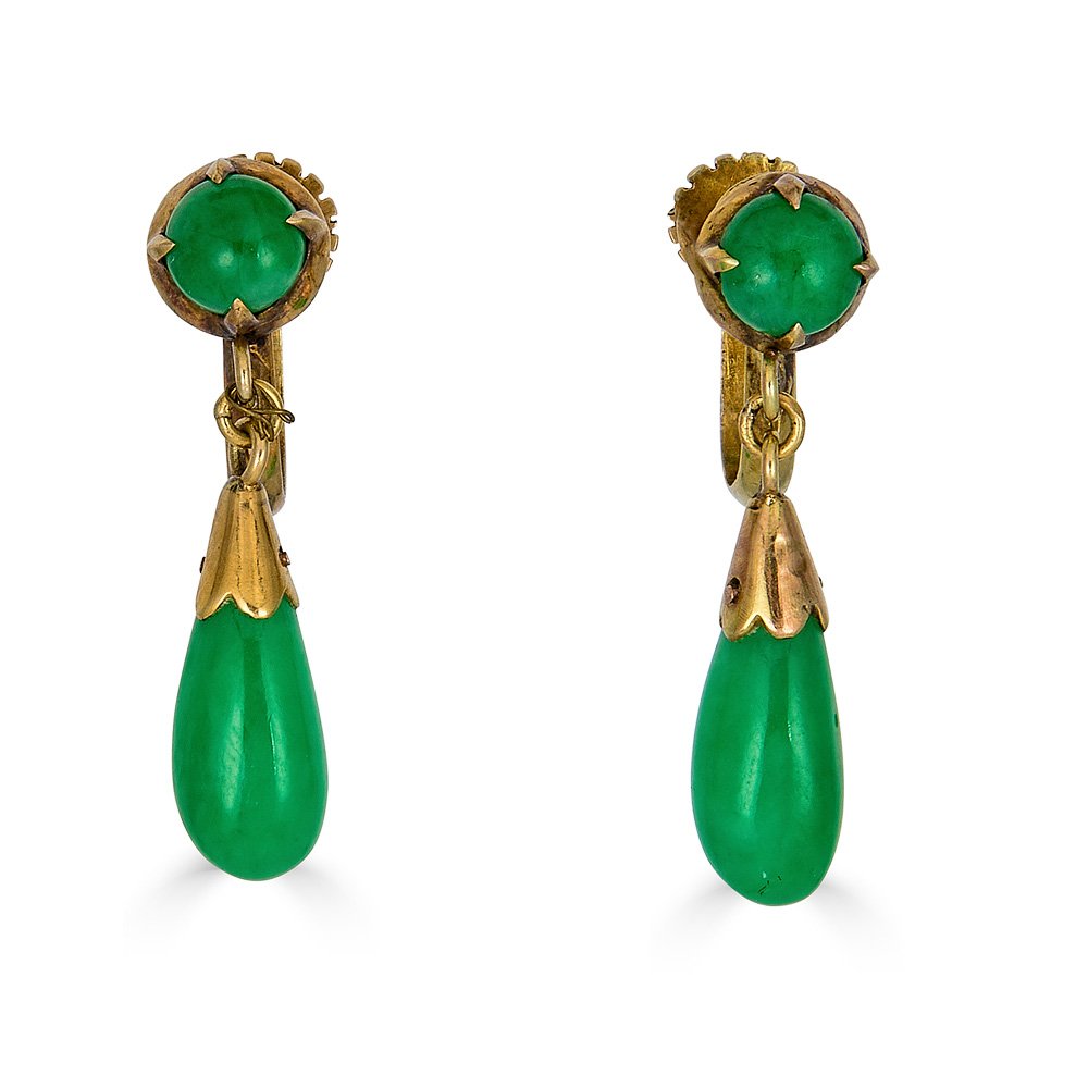 A fabulous pair of Art Deco Chinese Jade earrings. Designed in a distinctly  Art deco style with fac