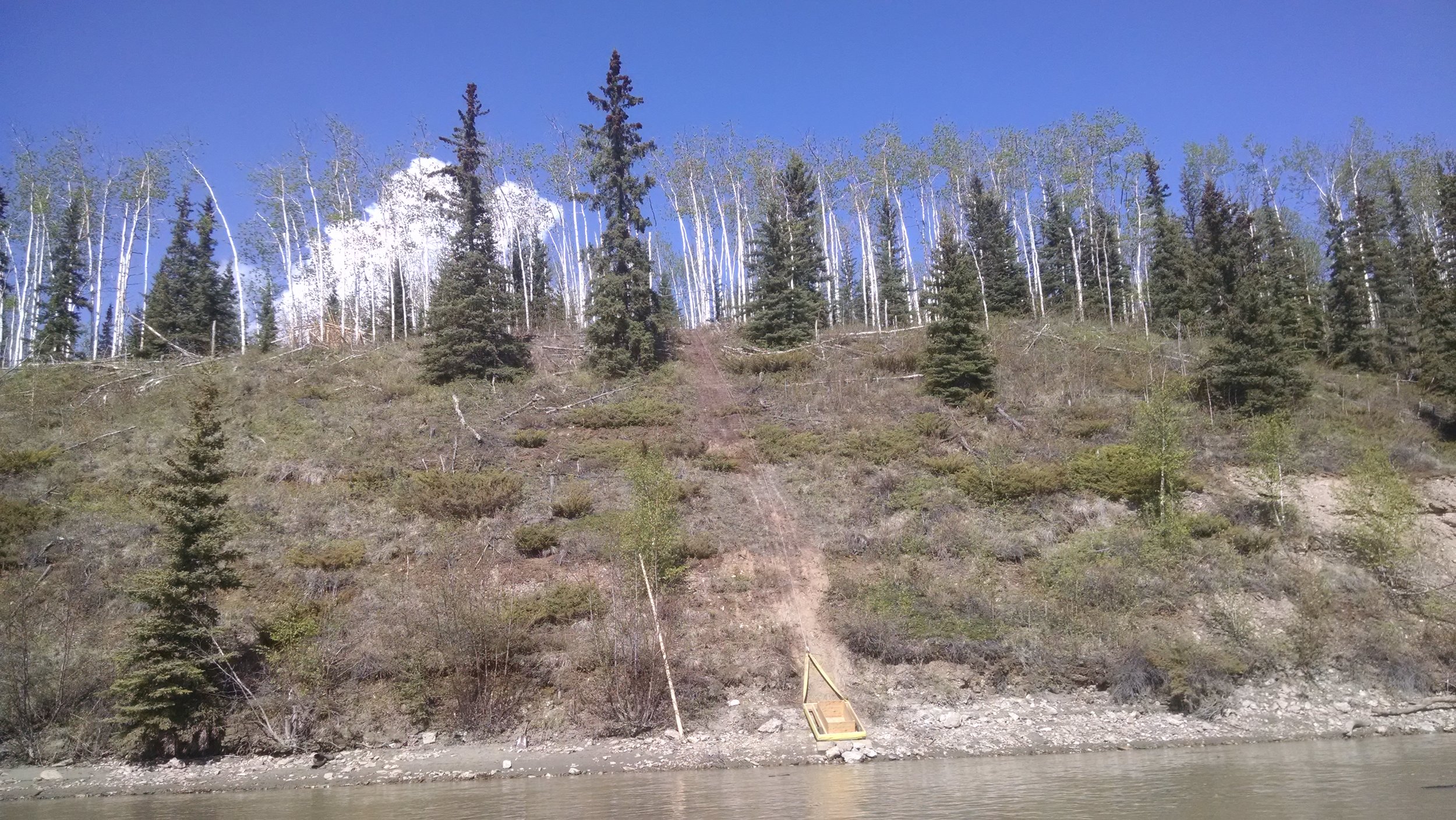 The bluff that we're building on. You can see the track where we've been pulling and the cart on the bottom. It actually is steeper than it looks in this picture.