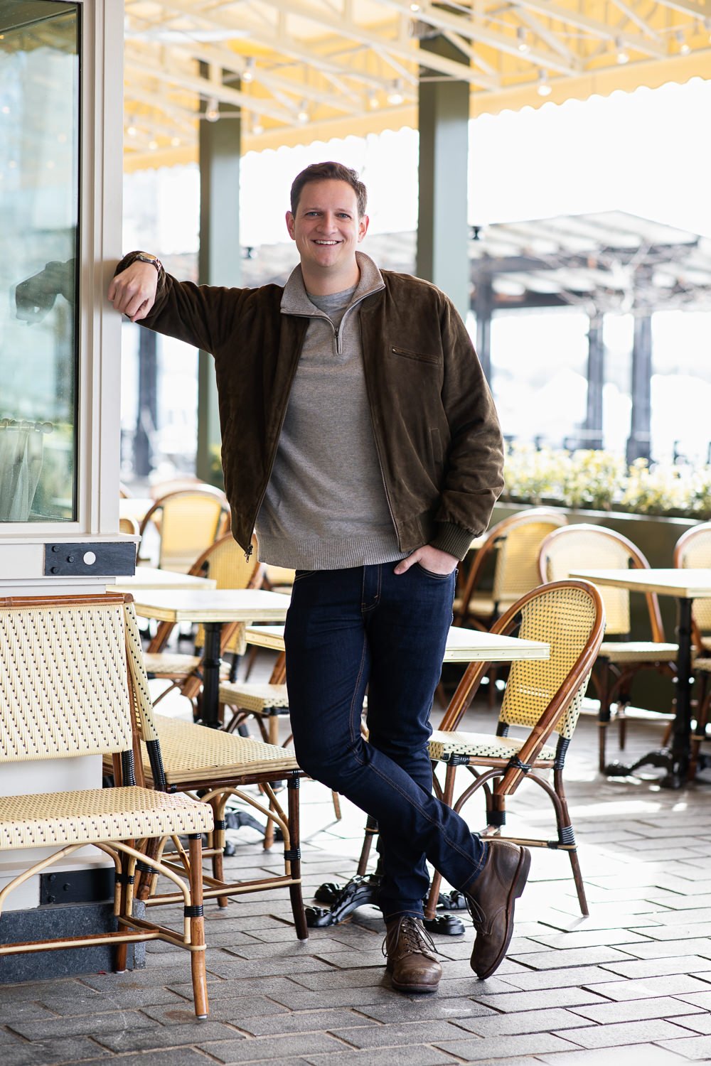 Online Dating Profile Photographer Man Leaning at Restaurant at the Wharf in DC