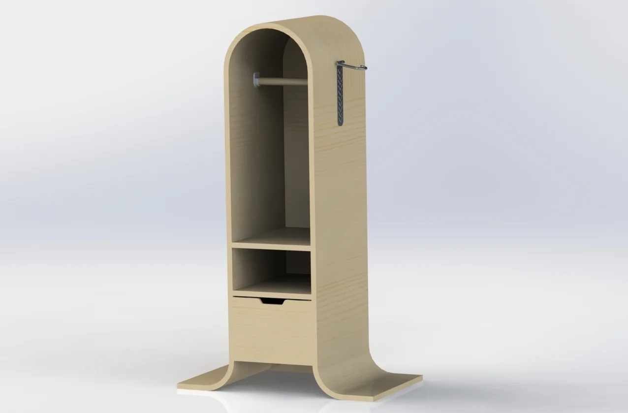  This is a current rough draft of the final model. There is two hangers on either side for bikes. In the middle there is a drawer and two shelves for bike accessories. The Lagerung also has a rod for hanging your bike clothes. 