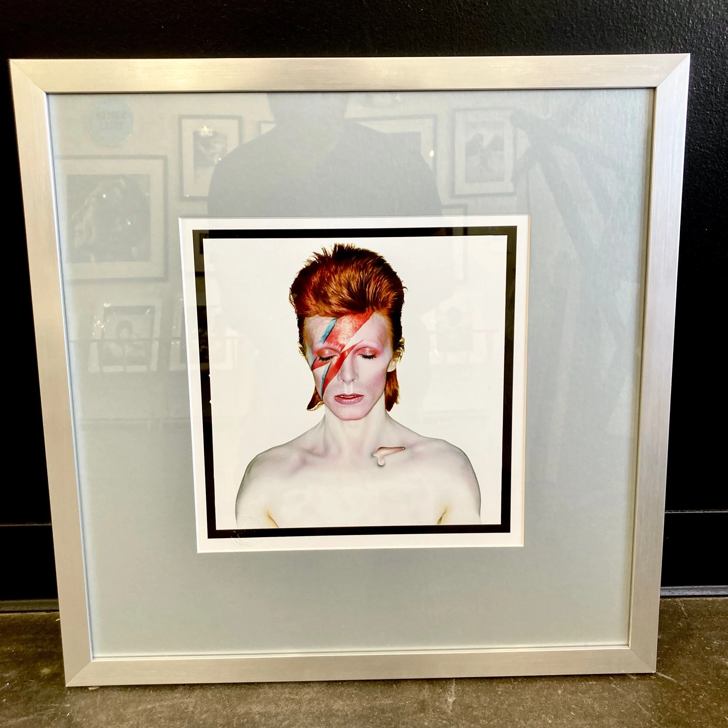 David Bowie Aladdin Sane cover by Duffy, silver frame and silver mat