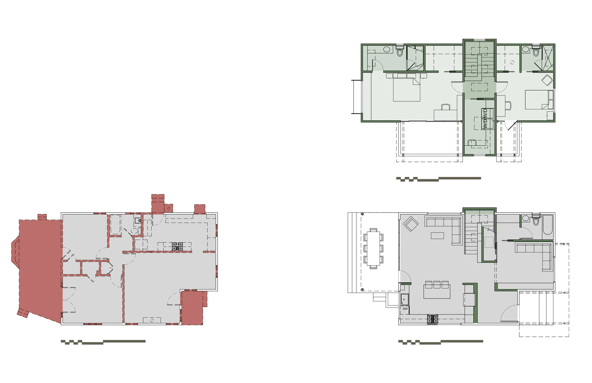 Demolition First Floor Plan (lower left), First Floor Plan (lower right), Second Floor Plan (upper right)