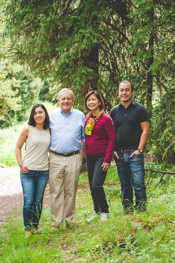 A nice small family portrait in the early morning light, among the pine trees at Copper Mountain Resort.