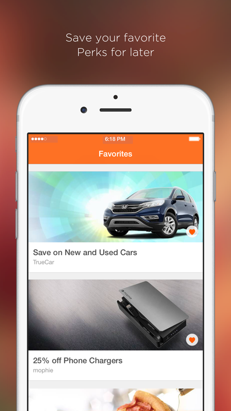 Screenshot of AnyPerk app for Favorite page showing saved Perks