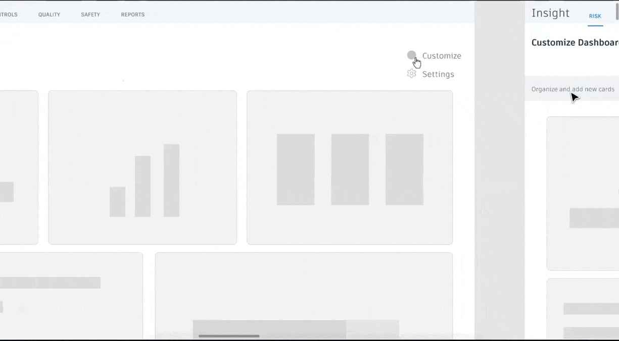 Gif image of black and white wireframe, when gear icon and customize prompt is clicked a card library begins to appear