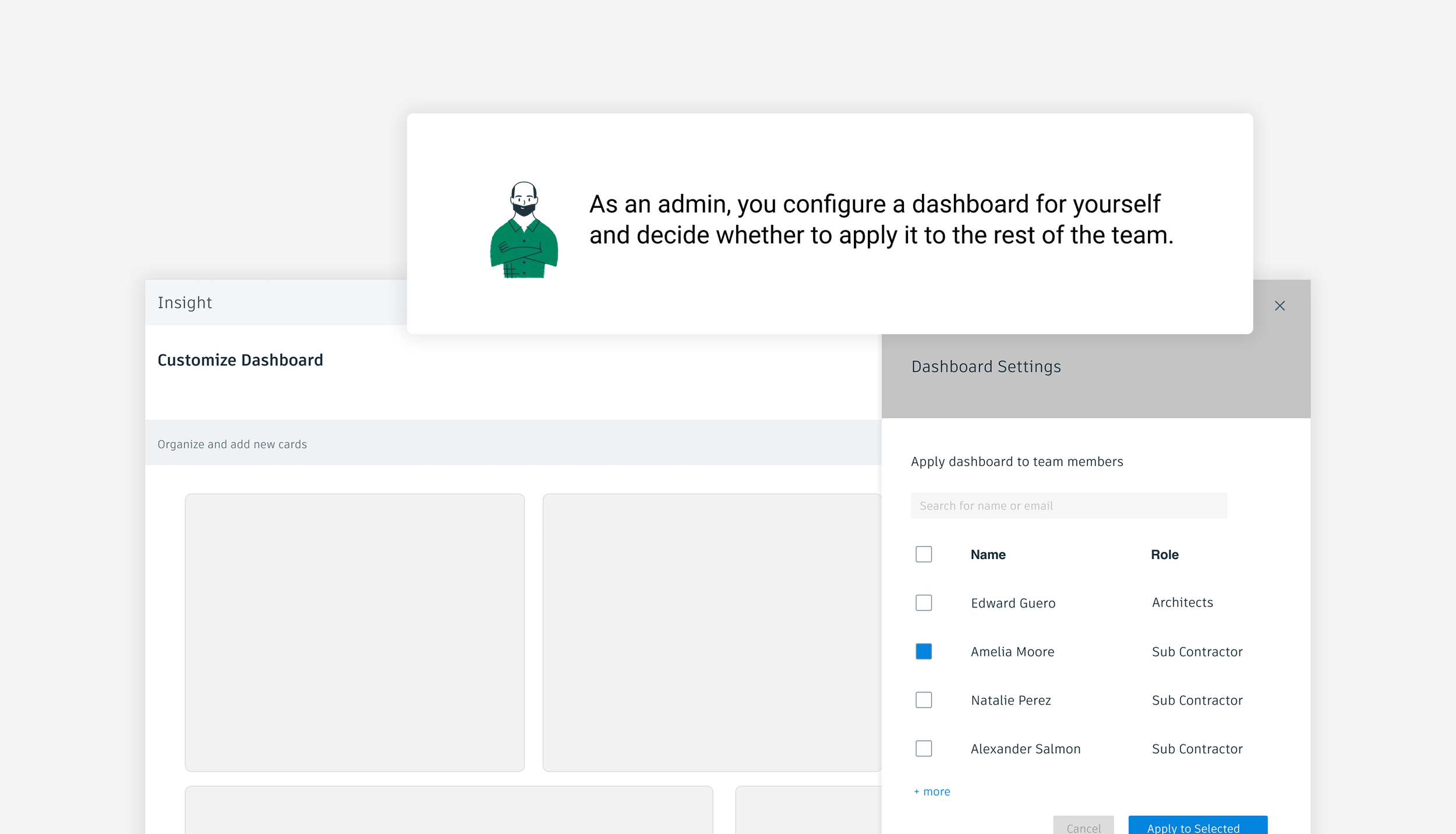 black and white wireframe showing BIM 360 software dashboard, illustration with text that explains how an admin can configure their dashboard