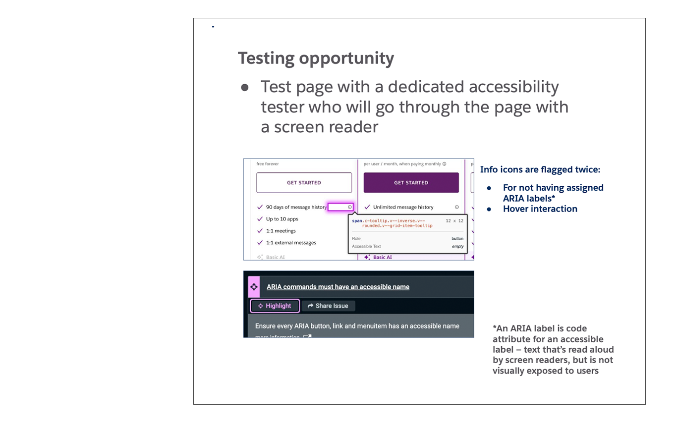 Image from design research presentation shows text stating testing opportunities for users with screen readers and suggestions for ARIA labels.