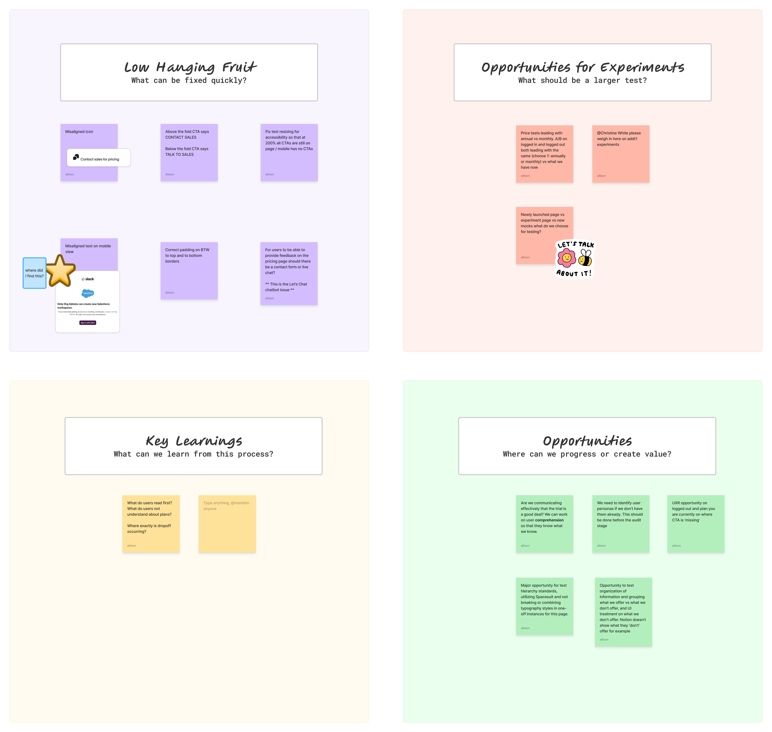 Image showing four sections titled Low Hanging Fruit, Opportunities for Experiments, Key Learnings and Opportunities. Sticky notes underneath sections.