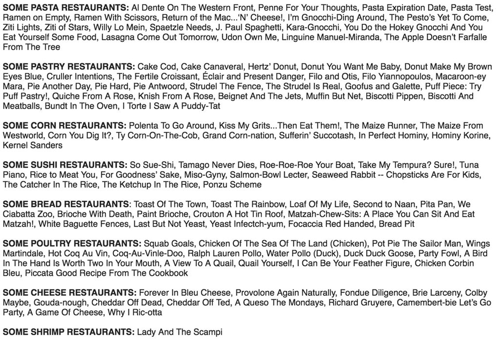 Megan Amram's list of food pun restaurant names