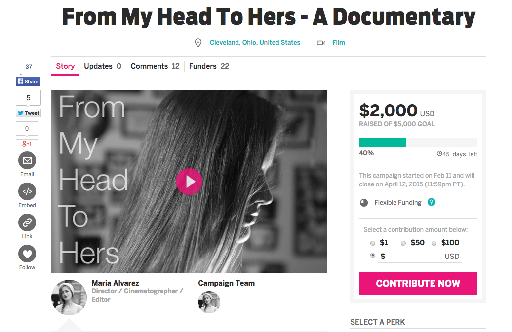 My film, "From My Head To Hers", has received $2,000 on IndieGogo. We are almost halfway there. Thank you for your support and please continue to share the word. Here is the link to my page: http://igg.me/at/myhead2hers