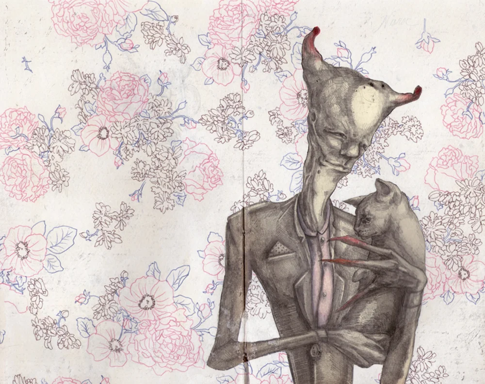 Graphite, ballpoint pen, and gouache in Moleskine.