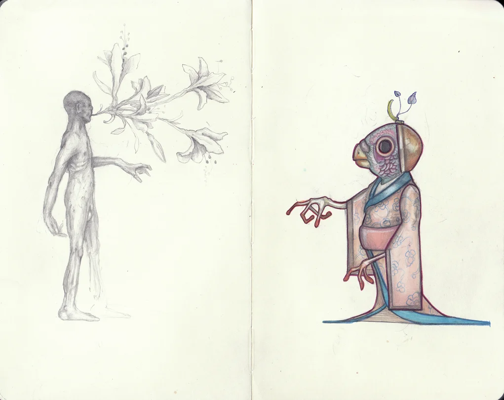 Graphite, colored pencil, and maker in Moleskine.
