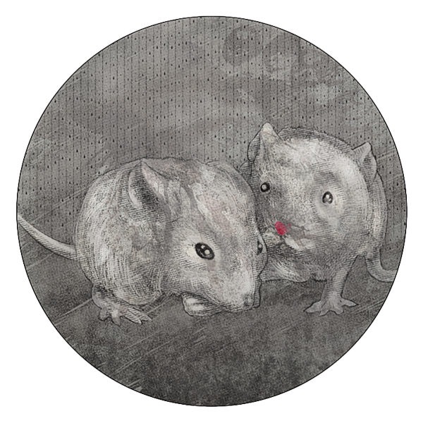 In a house on a hill, mouldering and grim, a mouse and her child held each other close.