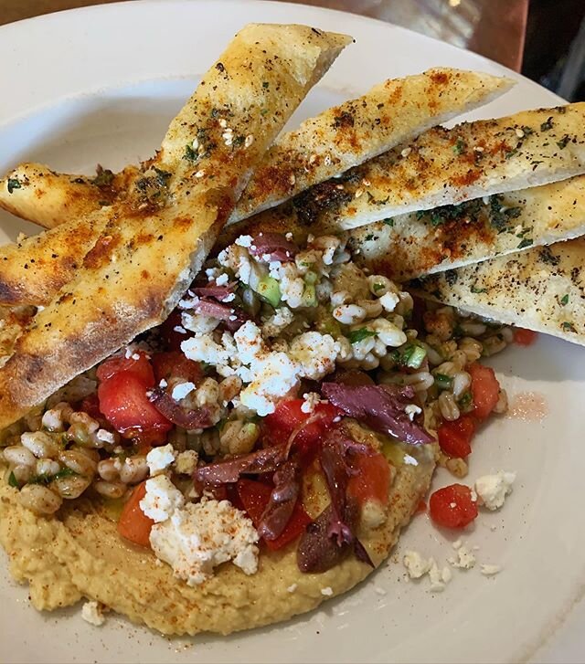Mediterranean Platter with Smoky Garbanzo Hummus &amp; Grilled Eggplant Baba Ganoush, Baked to Order Za&rsquo;atar Pita, Feta &amp; Kalamata Olives. #woodfiredhonestfood