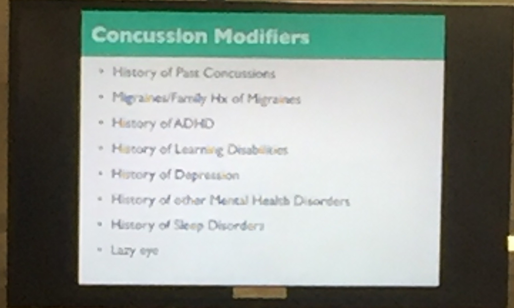 Absolutely essential to have all providers ask about these key historical aspects that can and often will impact concussion recovery. If a patient appears to have a more prolonged or difficult post-concussion course, very likely one or more of these items will be a factor. Don't hesitate to ask at multiple encounters as many patients won't initially offer or give sufficient details about pertinent past history.