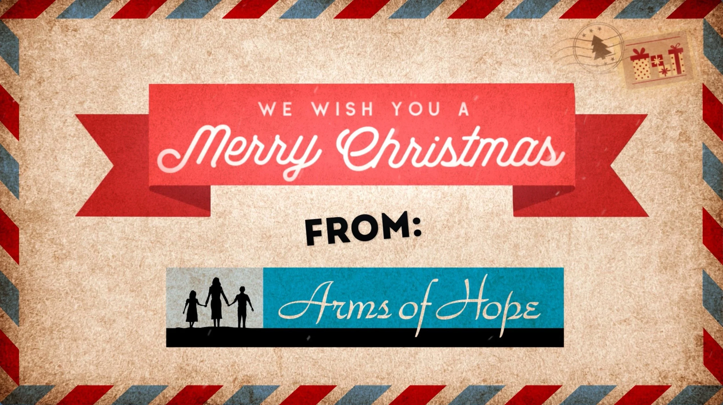 Vintage postcard style Christmas graphic from an Arms of Hope donor thank-you video