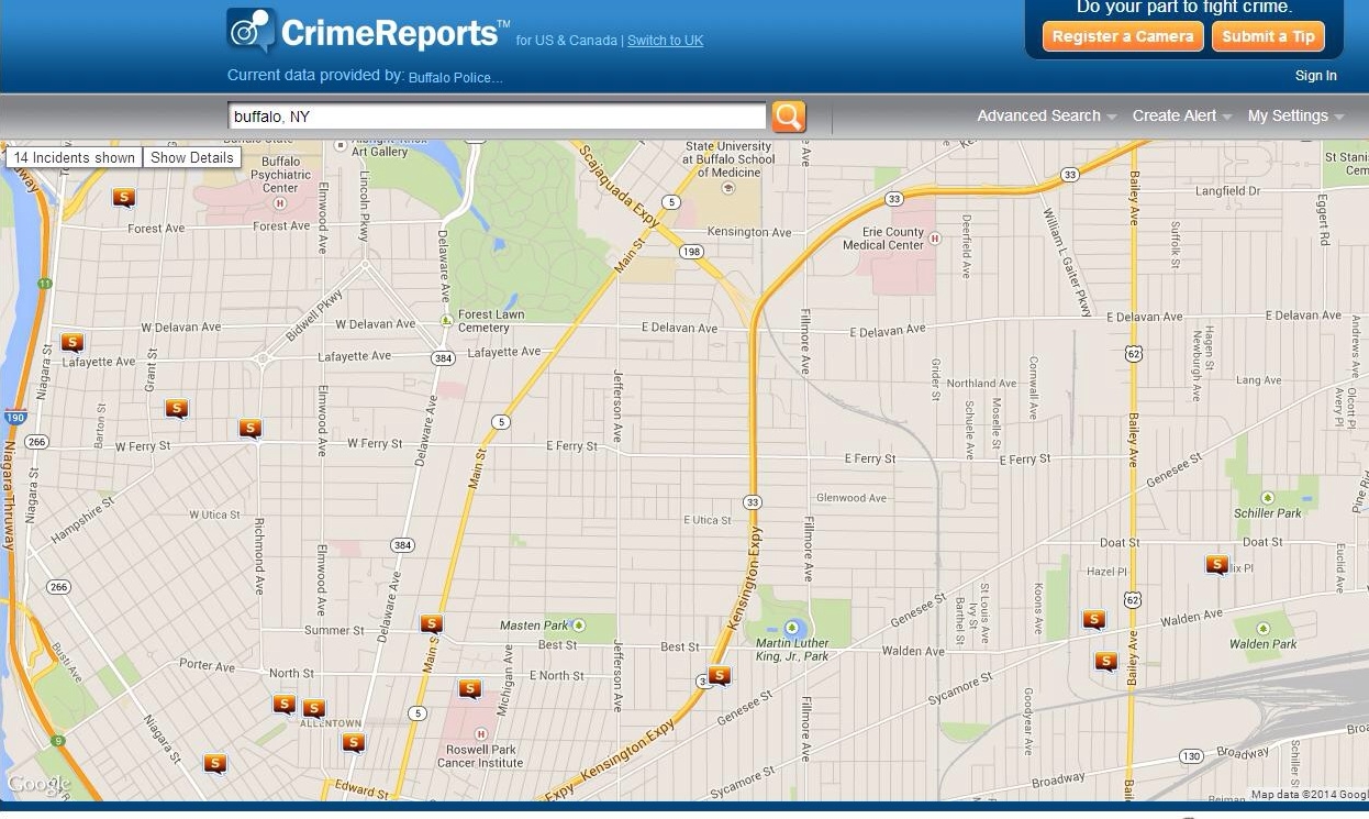 Map shows sexual assault and rapes in Buffalo since June 29, 2014. 11 rapes and 3 sexual assaults were reported by the Buffalo Police Department to the CrimeReport.com website in the last two weeks. Click image to enlarge map. 