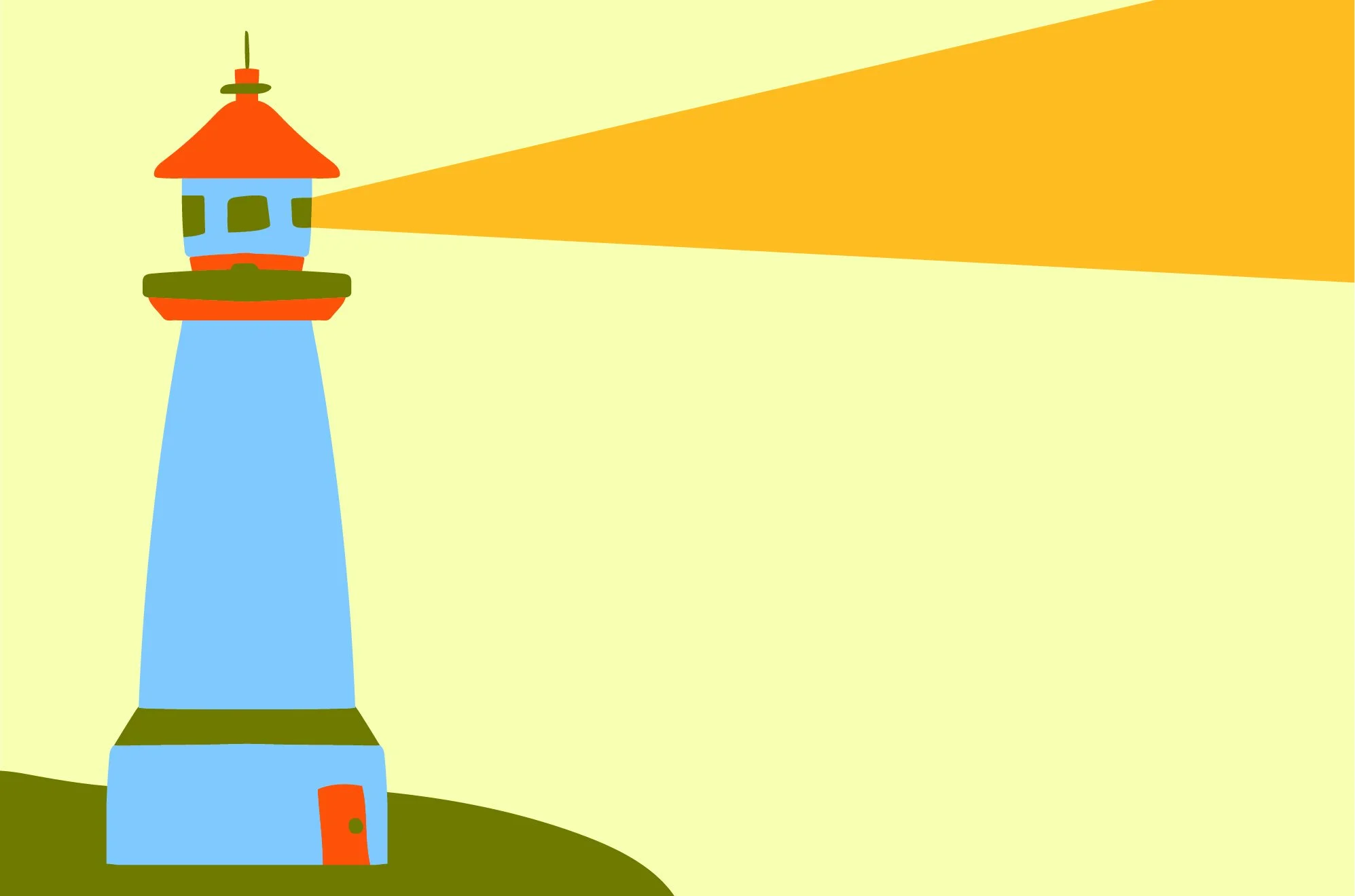 illustration of a blue, green, and red lighthouse on a light yellow background w/a  beam of mango colored light facing towards the right