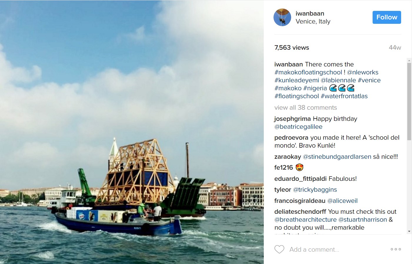 Makoko floating school entering the Venice lagoon for the 2016 Biennale