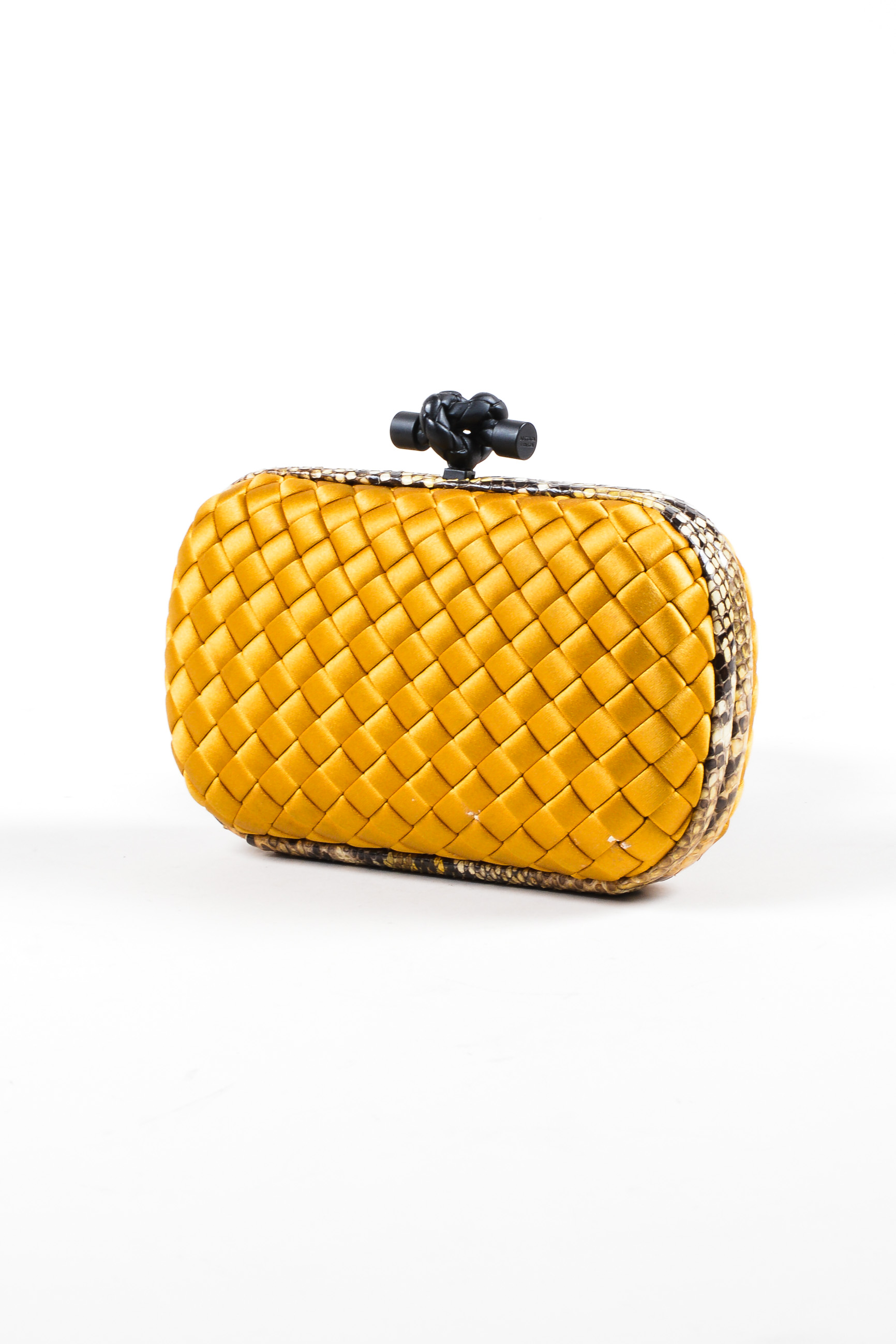 038_Bottega Veneta Gold Black Satin Python Intrecciato Woven Knot Minaudiere Clutch.jpg