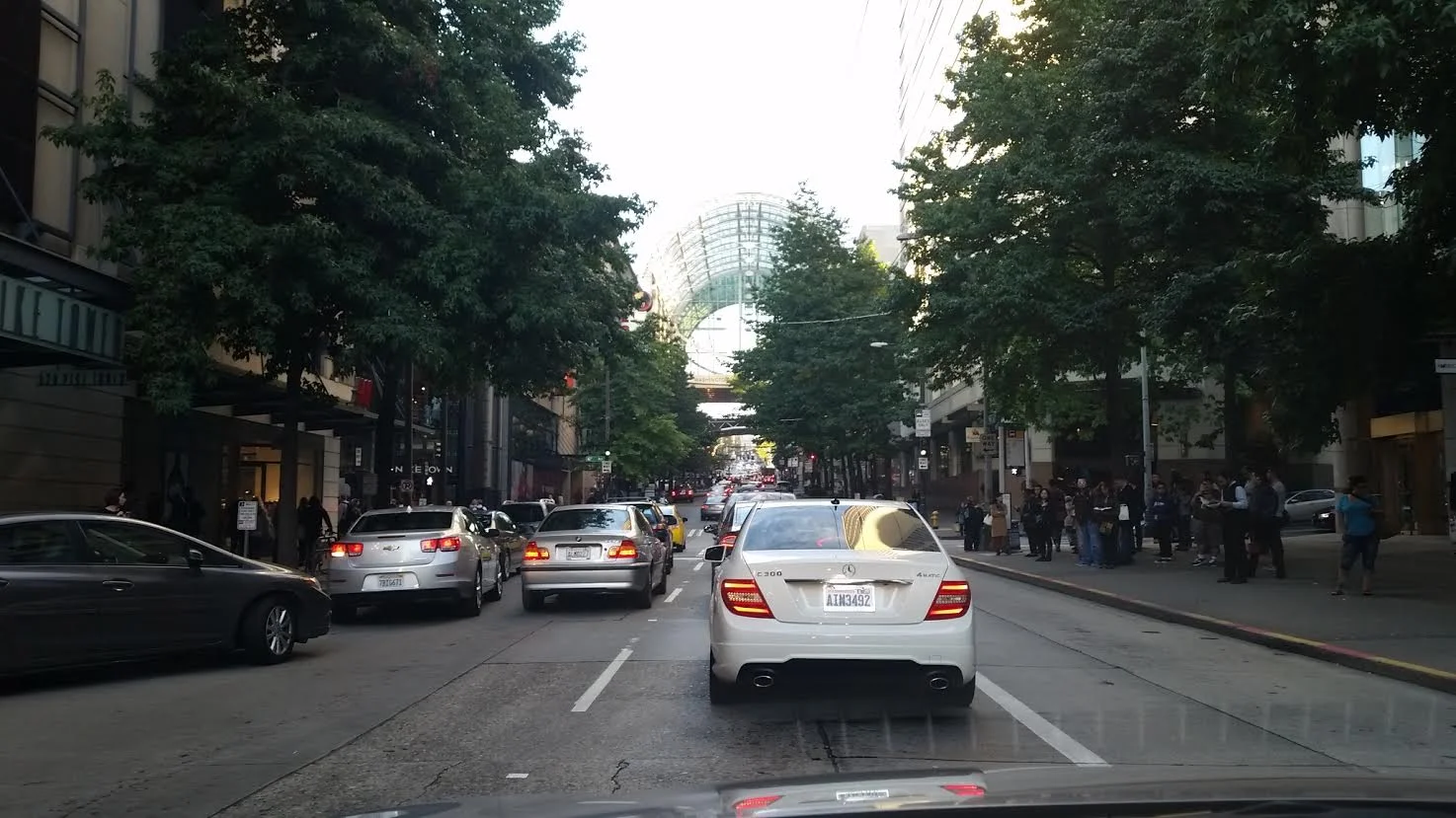 Downtown Seattle street through our car window 