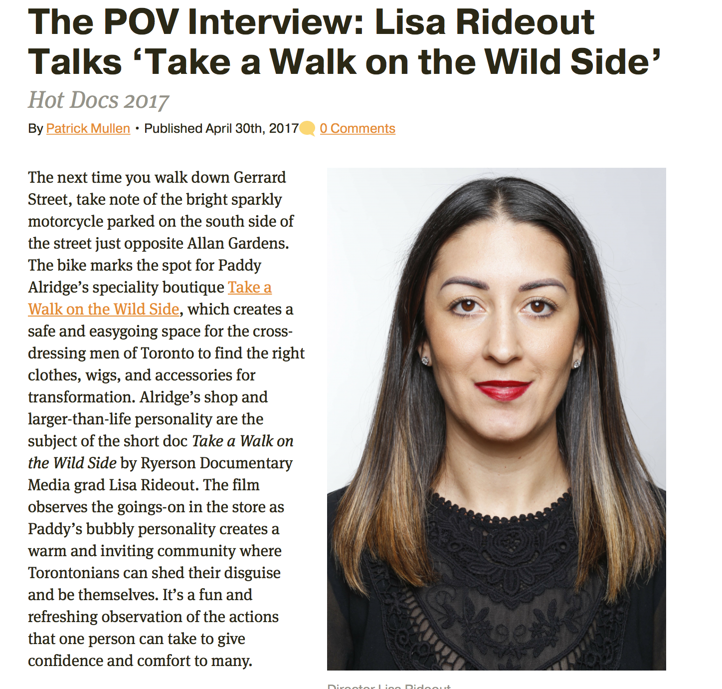 Lisa Rideout Talks "Take a Walk on the Wildside" with POV Magazine