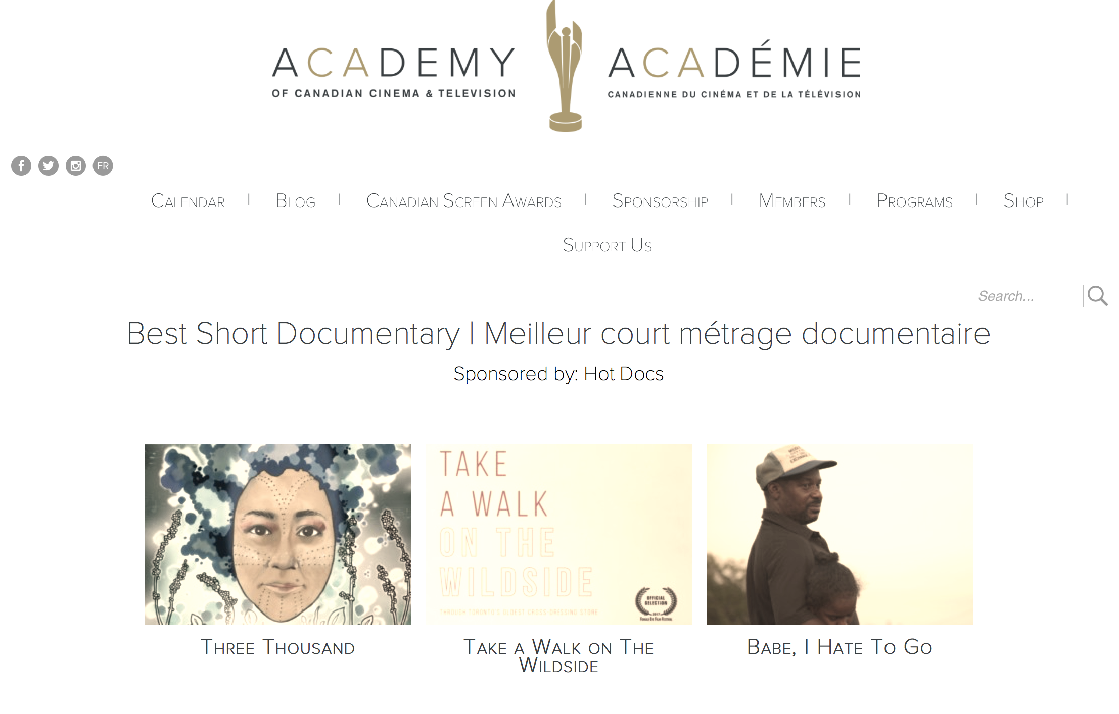 Take a Walk on the Wildside Nominated for a Canadian Screen Award 