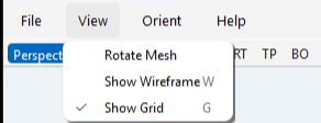 Dropdown menu under the 'View' tab showing options: Rotate Mesh, Show Wireframe, Show Grid, with a checkmark next to Show Grid.