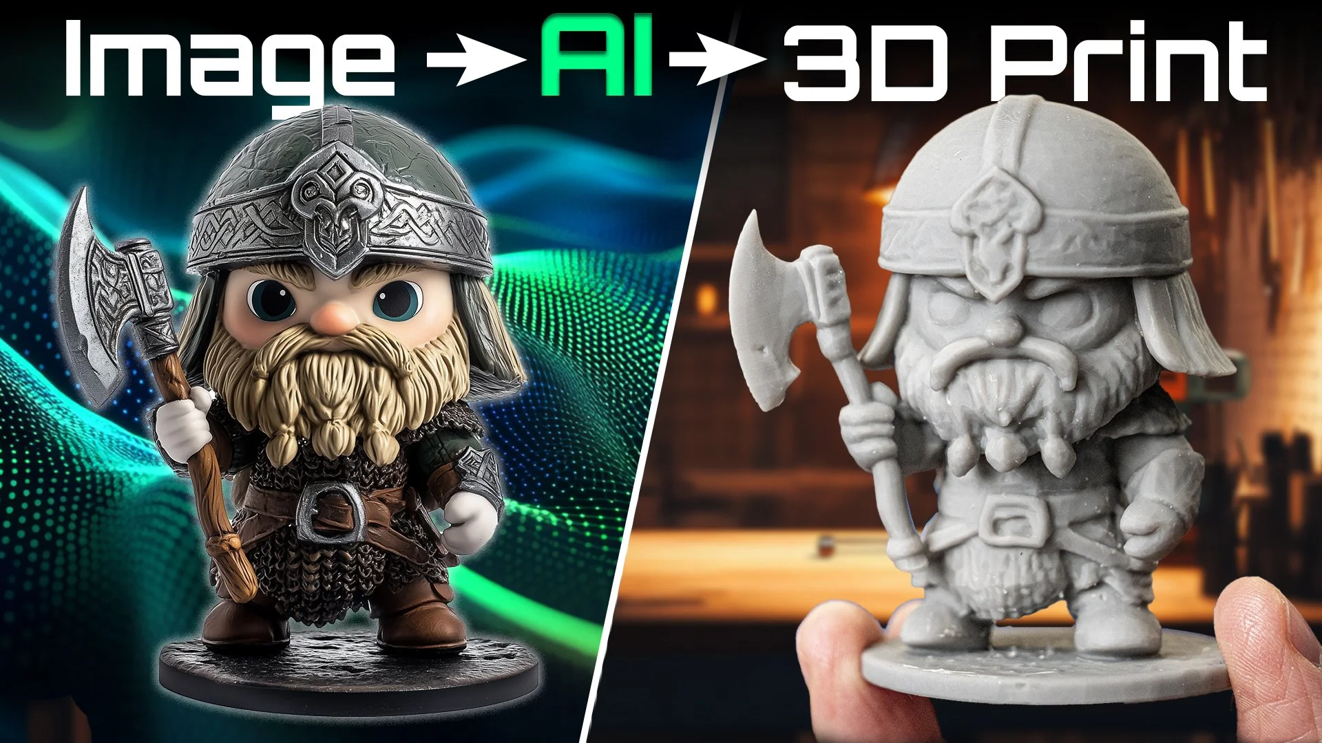 The image shows a side-by-side comparison of two dwarf figurines. The left figurine is a detailed, colored collectible with a beard, armor, helmet, and axe, standing on a black base against a vibrant digital background. The right figurine is an unpainted, gray 3D printed or sculpted model, held by a person's hand, with a similar dwarf figure design, including a beard, helmet, and axe, set in a workshop or studio space.