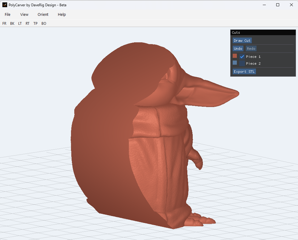 A 3D model of a small creature resembling a bird or dinosaur, with a rounded body, large head, and a beak or snout, in an orange-red color.
