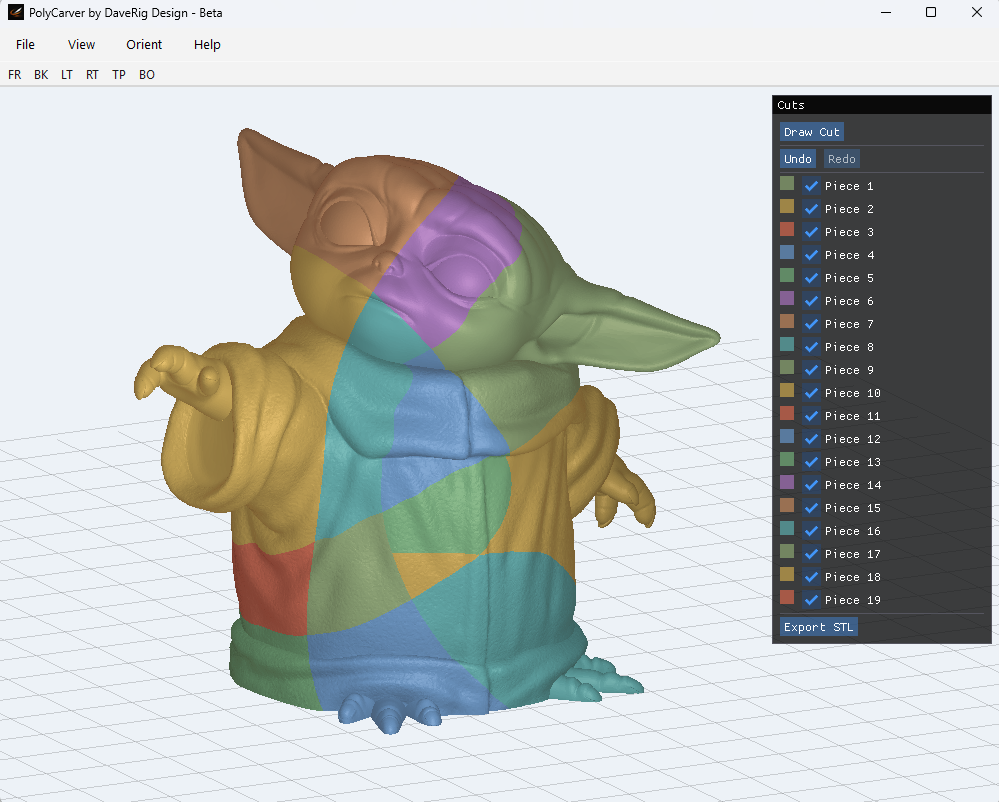 A 3D model of a cartoonish dog with large ears, dressed in a multicolored robe, with each section of the model divided into different color-coded pieces for 3D printing.