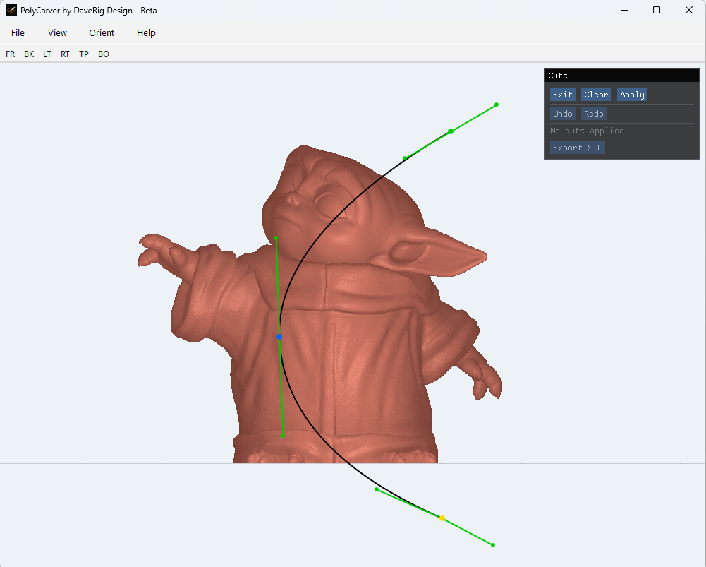 A 3D digital model of Baby Yoda, also known as Grogu, from the Star Wars franchise, wearing a robe, displayed on a computer screen with 3D editing software.