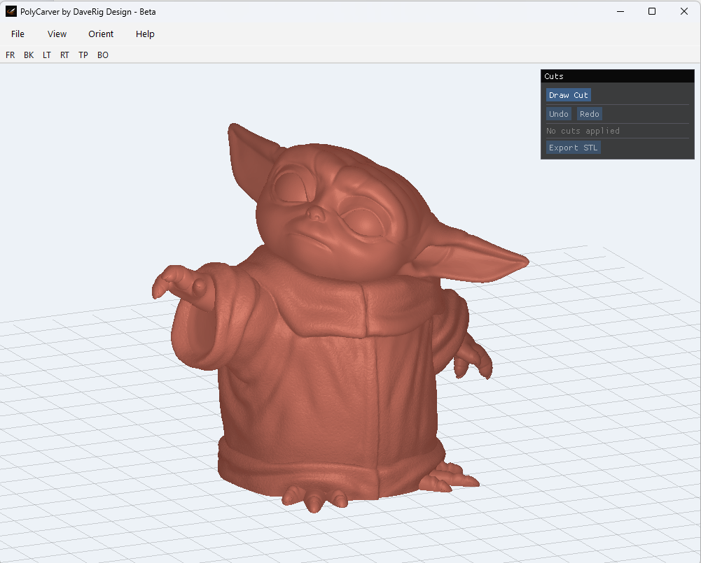 3D model of a small creature resembling Yoda from Star Wars, with large ears, wrinkled skin, wearing a robe and extending one hand.