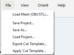 Screenshot of a dropdown menu in a computer software with options for loading, saving, exporting, and applying cut templates.