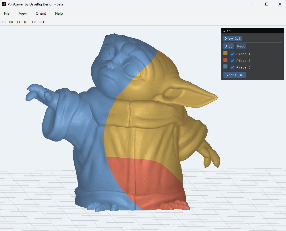 A 3D model of a character resembling Yoda from Star Wars, with different sections colored in blue, yellow, and red, viewed from the front and slightly to the side.
