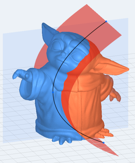 Color 3D model of a cute, cartoon-like creature resembling Yoda, with a large head, big ears, and a robe, in blue color on a grid background, with red-shaded and curved guide lines.