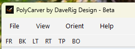 Screenshot of a software interface titled 'PolyCarver by DaveRig Design - Beta' with menu options including File, View, Orient, Help, and additional settings or options below.