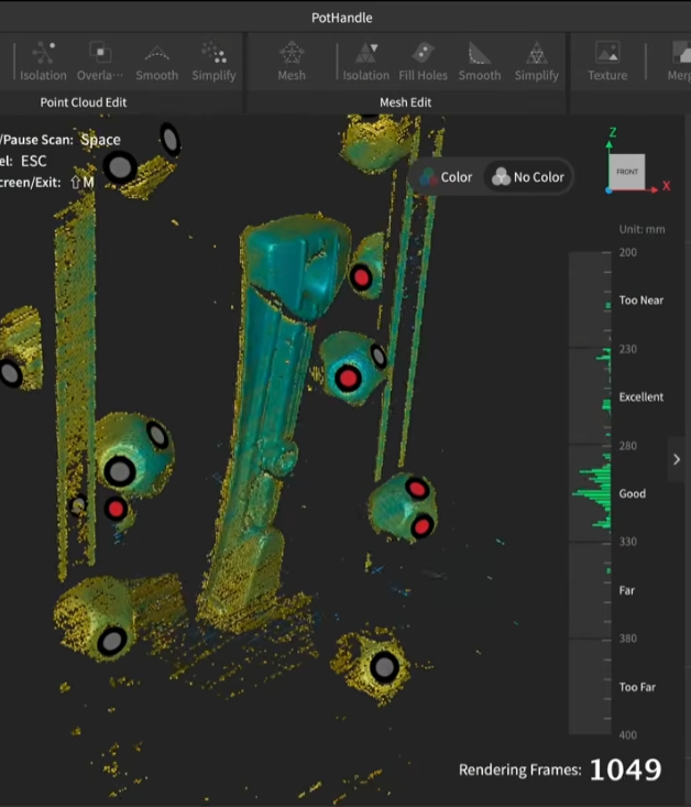 3D point cloud scan of a mechanical object, possibly a faucet or valve, with red and black markers indicating specific points, displayed in a scanning software interface.