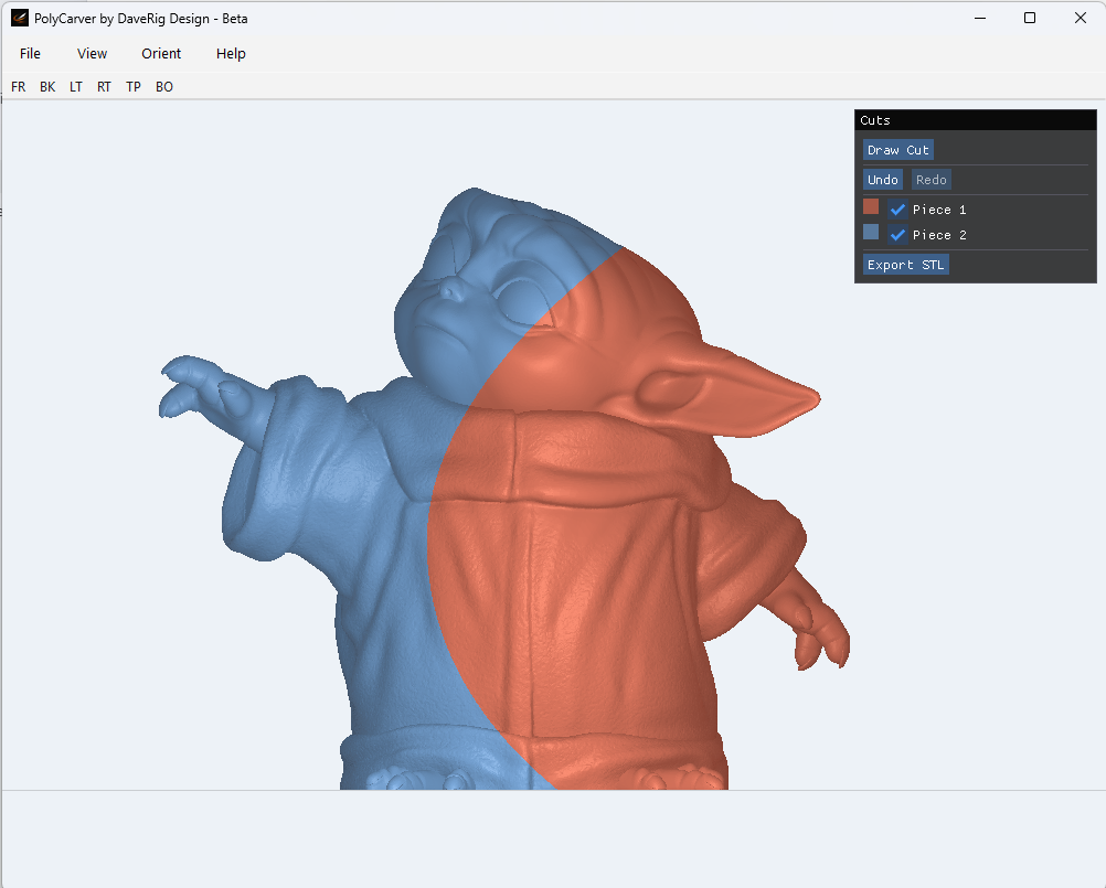 A 3D model of Baby Yoda (Grogu) from Star Wars, split into two colored sections, blue and red, in a 3D printing software interface.