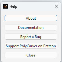 Screenshot of a help menu with options: About, Documentation, Report a Bug, Support PolyCarver on Patreon, and Close.