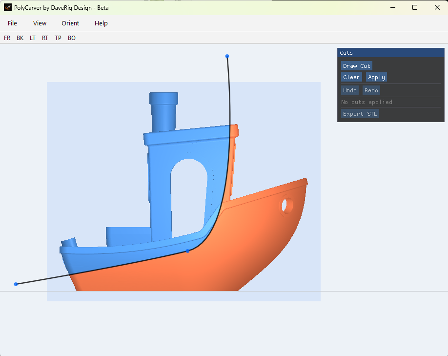 3D model of a boat in a CAD software, with the hull in orange and the superstructure in blue, showing a partial side view.