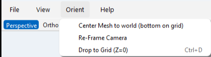 Screenshot of a computer software menu under the 'Orients' tab showing options for centering mesh, re-framing camera, and dropping to grid.