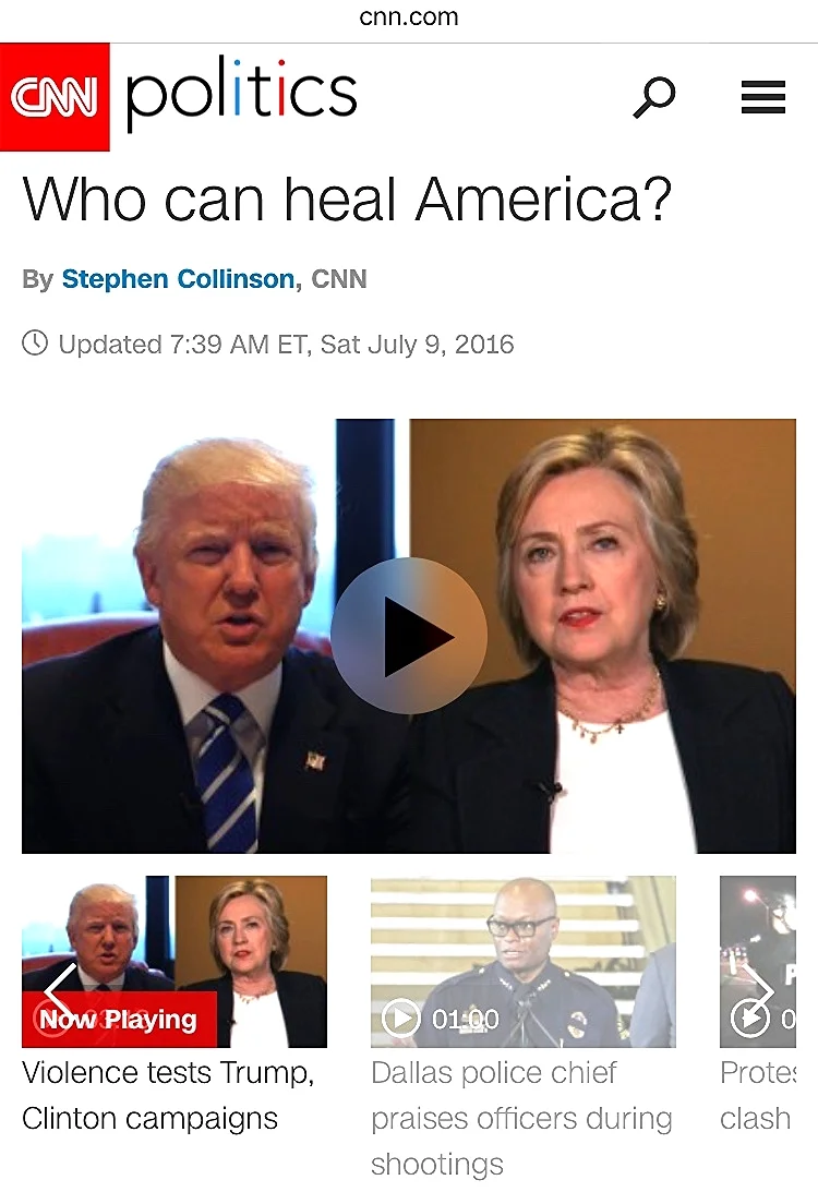Neither of the candidates nor the current sitting leaders can heal America! If you think they can, you haven't been paying attention. (Screenshot of CNN.Com on my phone)